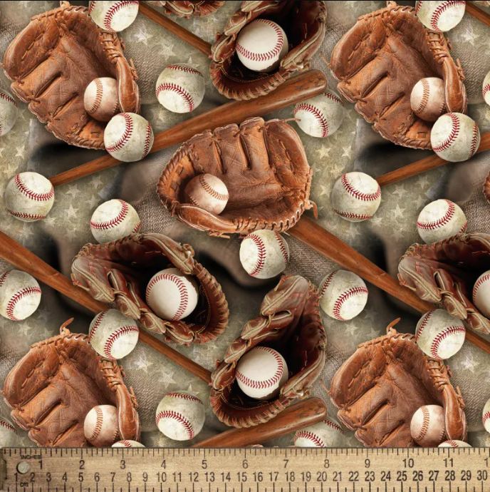 Cotton Baseball Stars Baseballs Gloves Bats on Canvas Look with Stars David Textiles Cotton Fabric Print by the Yard (DX-3089-2C)