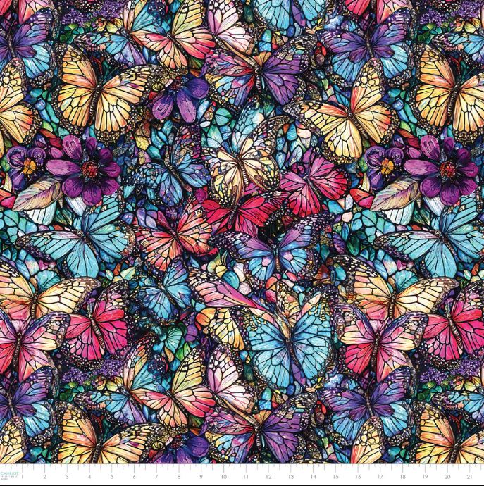 Cotton Flight of Beauty Whispering Wings Butterflies Stained Glass Look Packed Camelot Fabrics Cotton Fabric Print by the Yard (16240402-01)