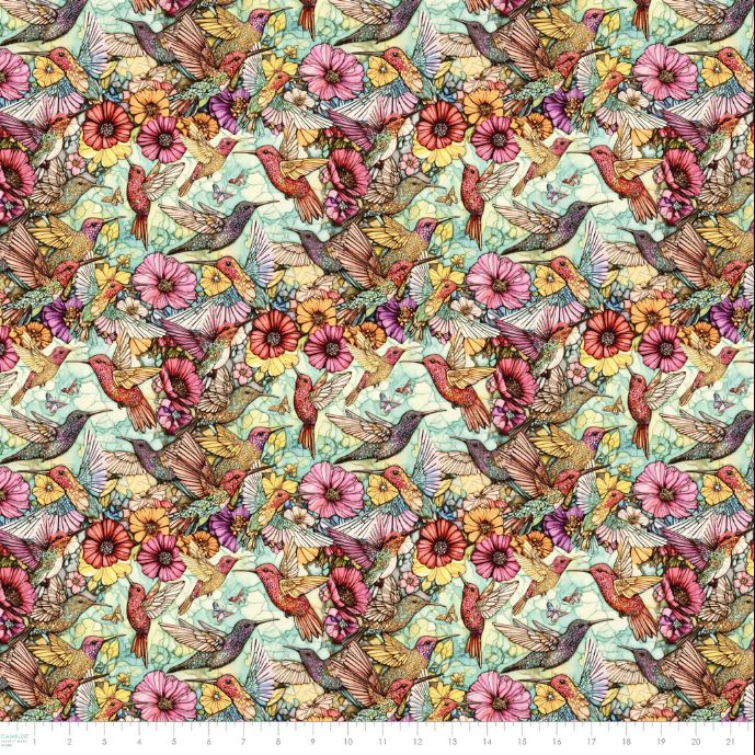 Cotton Flight of Beauty Hummingbird Harmony Flowers Hummingbirds Stained Glass Look Camelot Fabrics Cotton Fabric Print by the Yard (16240401-01)