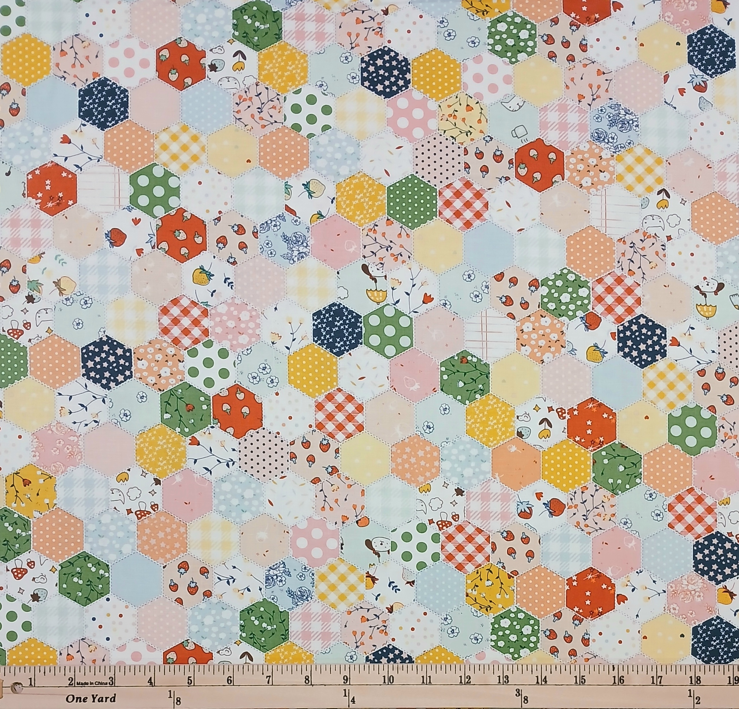 Cotton Serendipity Hexagon Patterns Floral Gingham Fruit Dots Riley Blake Cotton Fabric Print by the Yard (C17309)