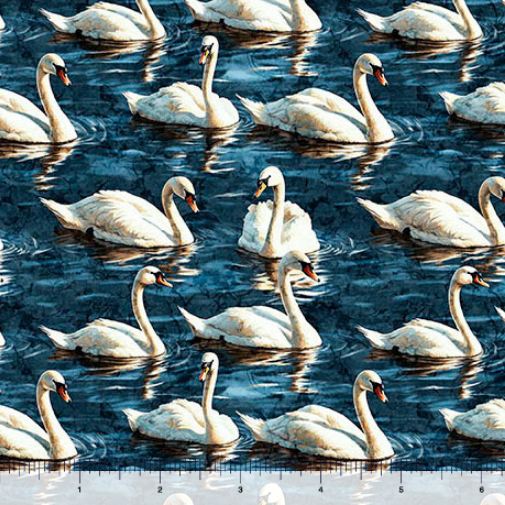 Cotton Swan Song Birds Swimming Lake Ripples Water Quilting Treasures Cotton Fabric Print by the Yard (2600-31849-N)