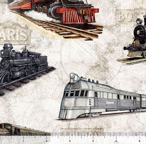 Cotton Steam and Steel Trains Railroad Transportation Quilting Treasures Cotton Fabric Print by the Yard (2600-31633-E)