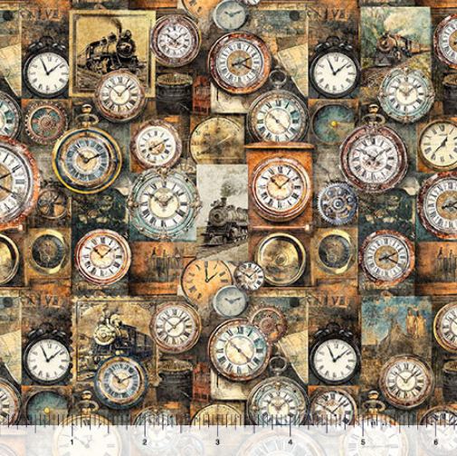Cotton Steam and Steel Clocks Trains Railroad Vintage Quilting Treasures Cotton Fabric Print by the Yard (2600-31636-X)