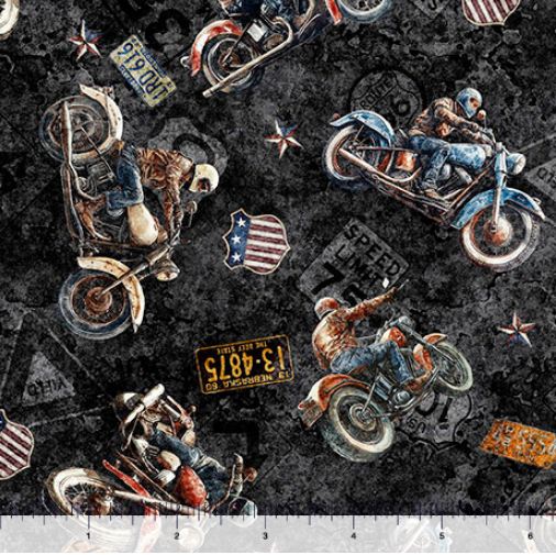 Cotton Stars Stripes and Steel Grunge Biker Toss Motorcycles Road Signs Quilting Treasures Cotton Fabric Print by the Yard (2600-31696-J)