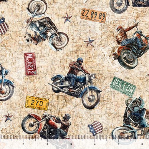 Cotton Stars Stripes and Steel Grunge Biker Toss Motorcycles Road Signs Quilting Treasures Cotton Fabric Print by the Yard (2600-31696-A)