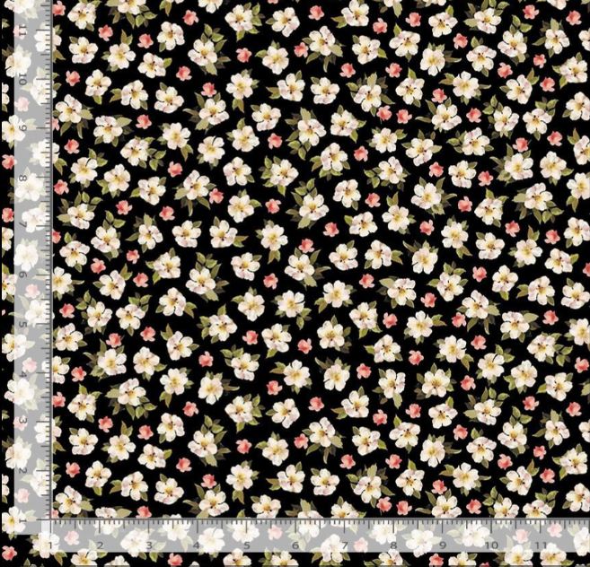 Cotton Tossed Small Flowers Floral White Pink Flowers on Black Leaves Timeless Treasures Cotton Fabric Print by the Yard (FLEUR-CD3746)