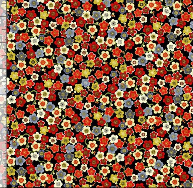 Cotton Cherry Blossoms Metallic Flowers Floral Colorful Gold on Black Timeless Treasures Cotton Fabric Print by the Yard (LOTUS-CM3666)