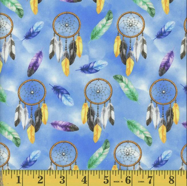 Cotton Spirit Threads Feathers Dreamcatchers Native American on Blue Mook Fabrics Cotton Fabric Print by the Yard (143617)