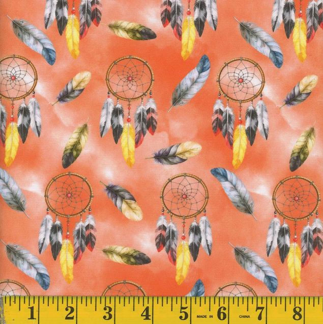Cotton Spirit Threads Feathers Dreamcatchers Native American on Peach Mook Fabrics Cotton Fabric Print by the Yard (143310)
