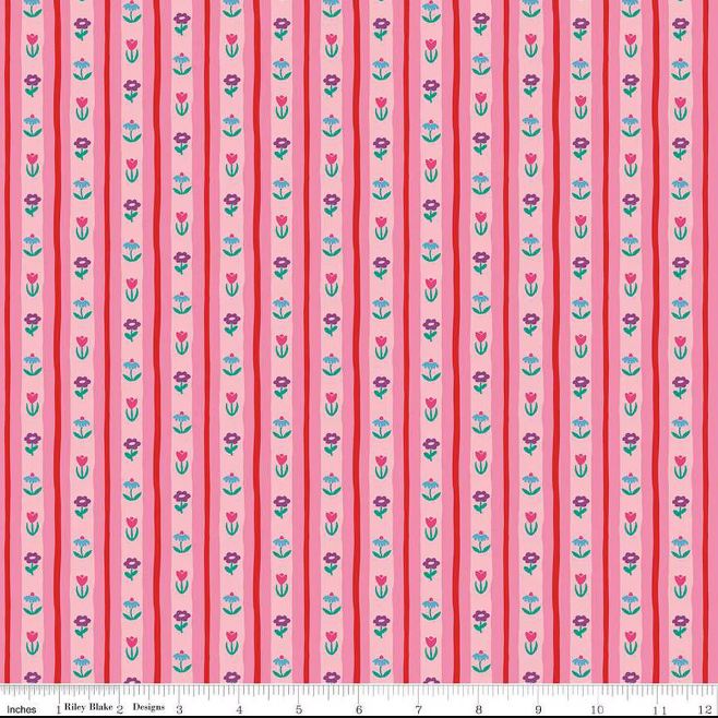 Cotton The Genesis of a Journey Stripes Flowers Floral Patterned Pink Riley Blake Cotton Fabric Print by the Yard (C16934-ROSE)