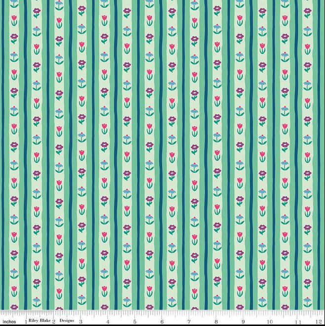 Cotton The Genesis of a Journey Stripes Flowers Floral Patterned Mint Riley Blake Cotton Fabric Print by the Yard (C16934-MINT)