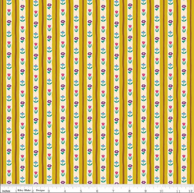 Cotton The Genesis of a Journey Stripes Flowers Floral Patterned Yellow Riley Blake Cotton Fabric Print by the Yard (C16934-CURRY)