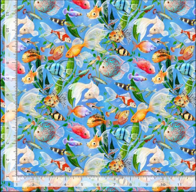 Cotton Feline Fanatic Aquarium Fish by Rosie Dore Fish Tank Aquatic Plants Goldfish Timeless Treasures Cotton Fabric Print by the Yard (ROSIE-CD4151)