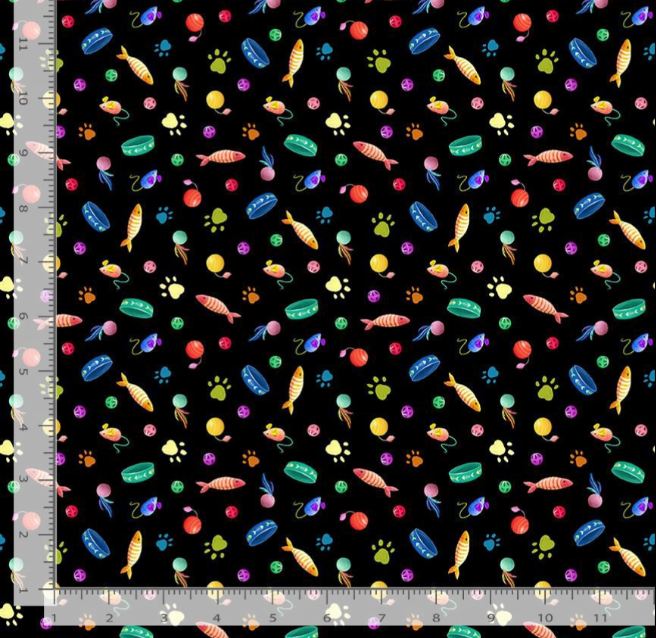 Cotton Feline Fanatic Cat Toys and Paws by Rosie Dore Fish Cat Food Kitten Meow Pets Timeless Treasures Cotton Fabric Print by the Yard (ROSIE-CD4152)