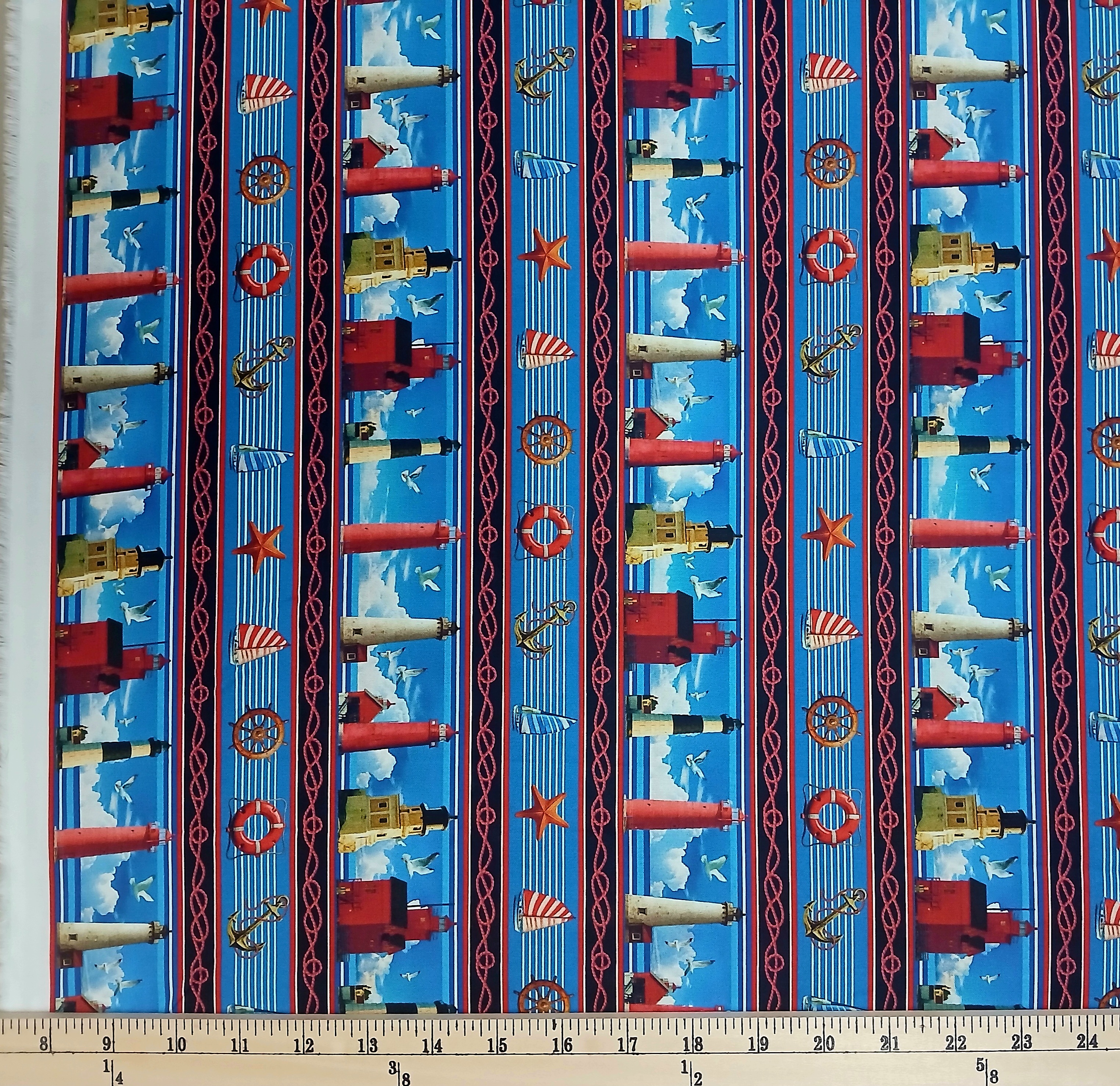 Cotton Starlit Towers Stripe Lighthouses Life Ring Stripes Michael Miller Fabrics Cotton Fabric Print by the Yard (DCX12714-MULT-D)