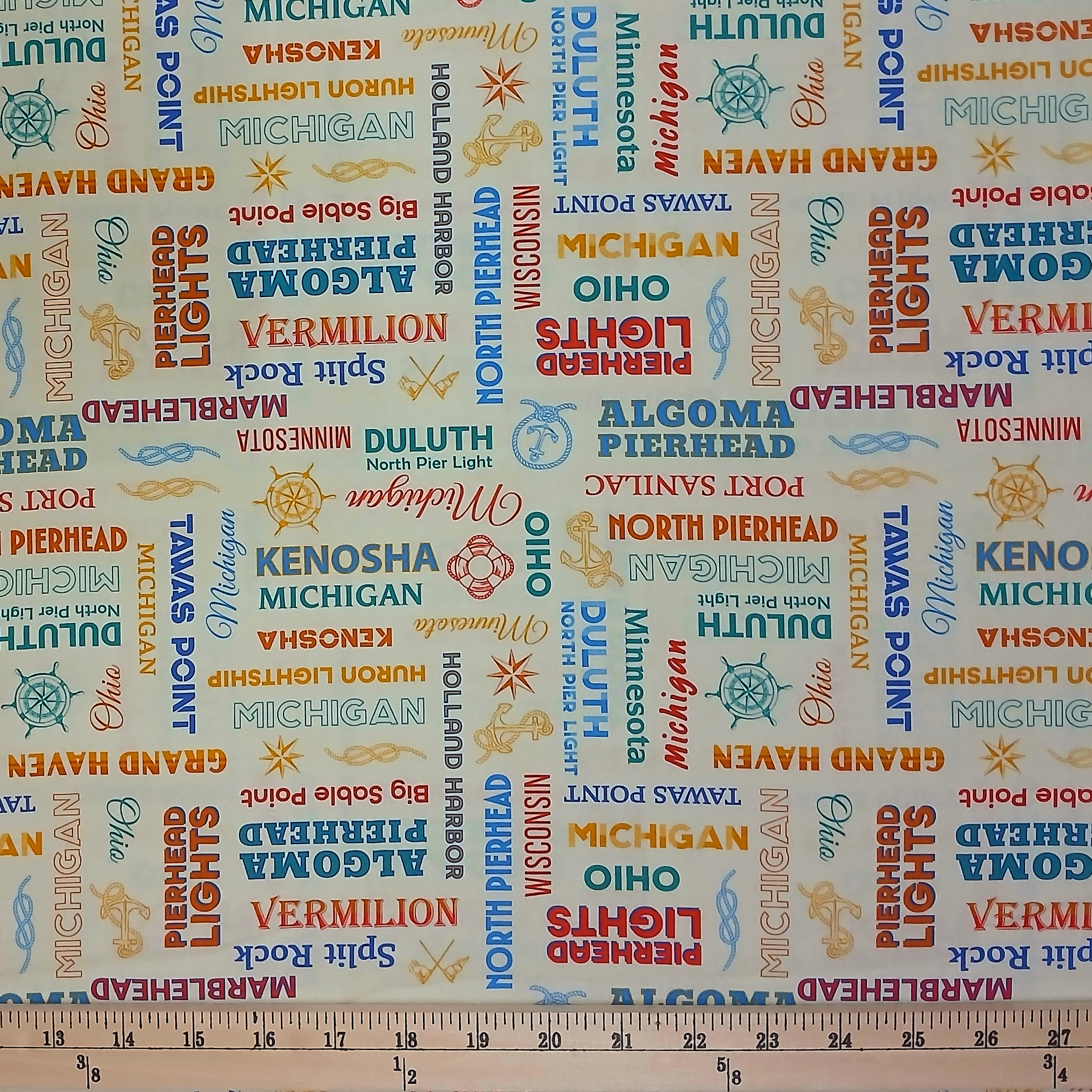 Cotton Typographic Tapestry Starlit Tower Coastal States Natuical Piers Michael Miller Fabrics Cotton Fabric Print by the Yard (DCX12710-CREM-D)