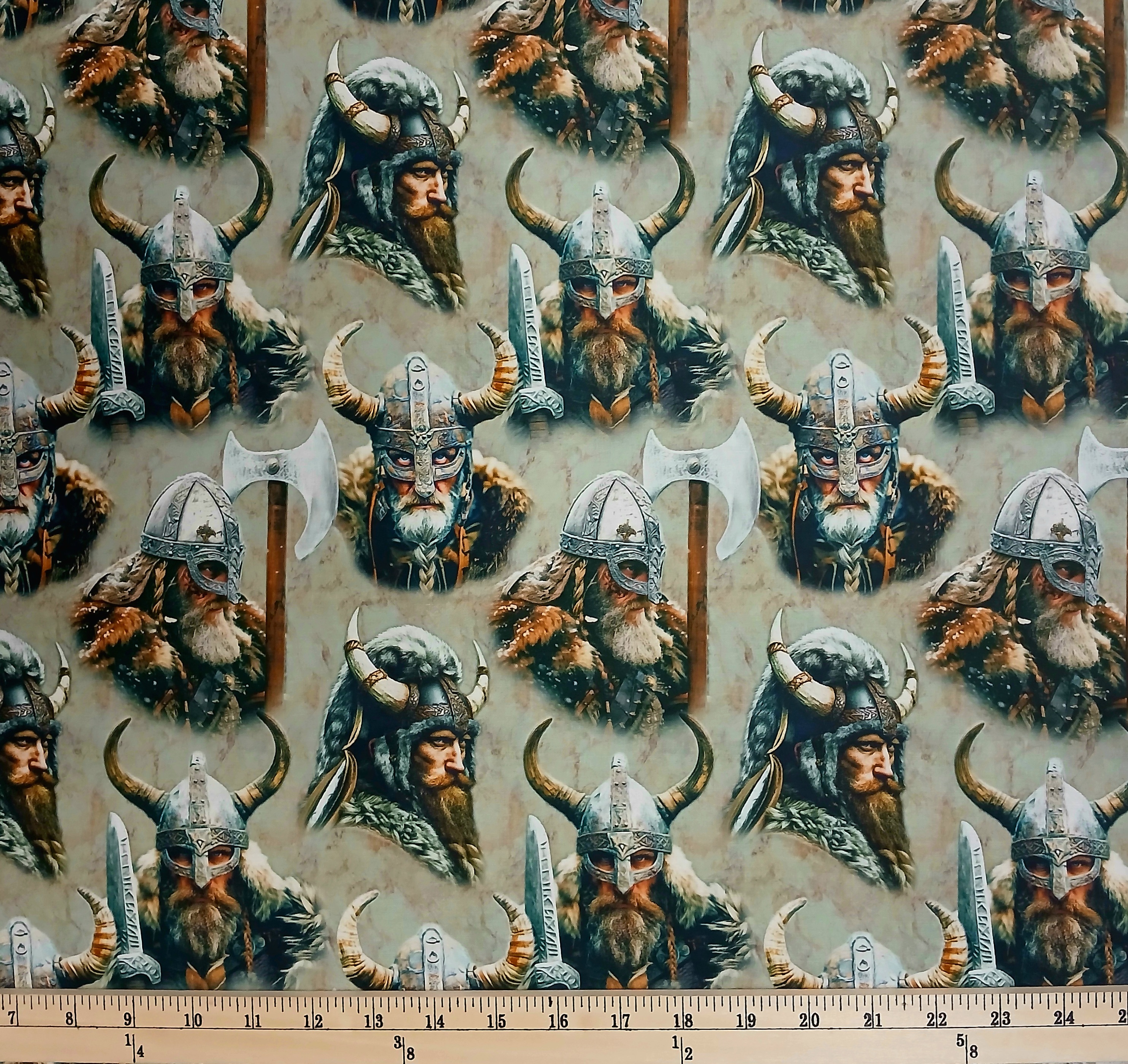 Cotton Mascot Madness Vikings Men Helmets War Axe Swords Sykel Enterprises Cotton Fabric Print by the Yard (10558-VIKINGS)