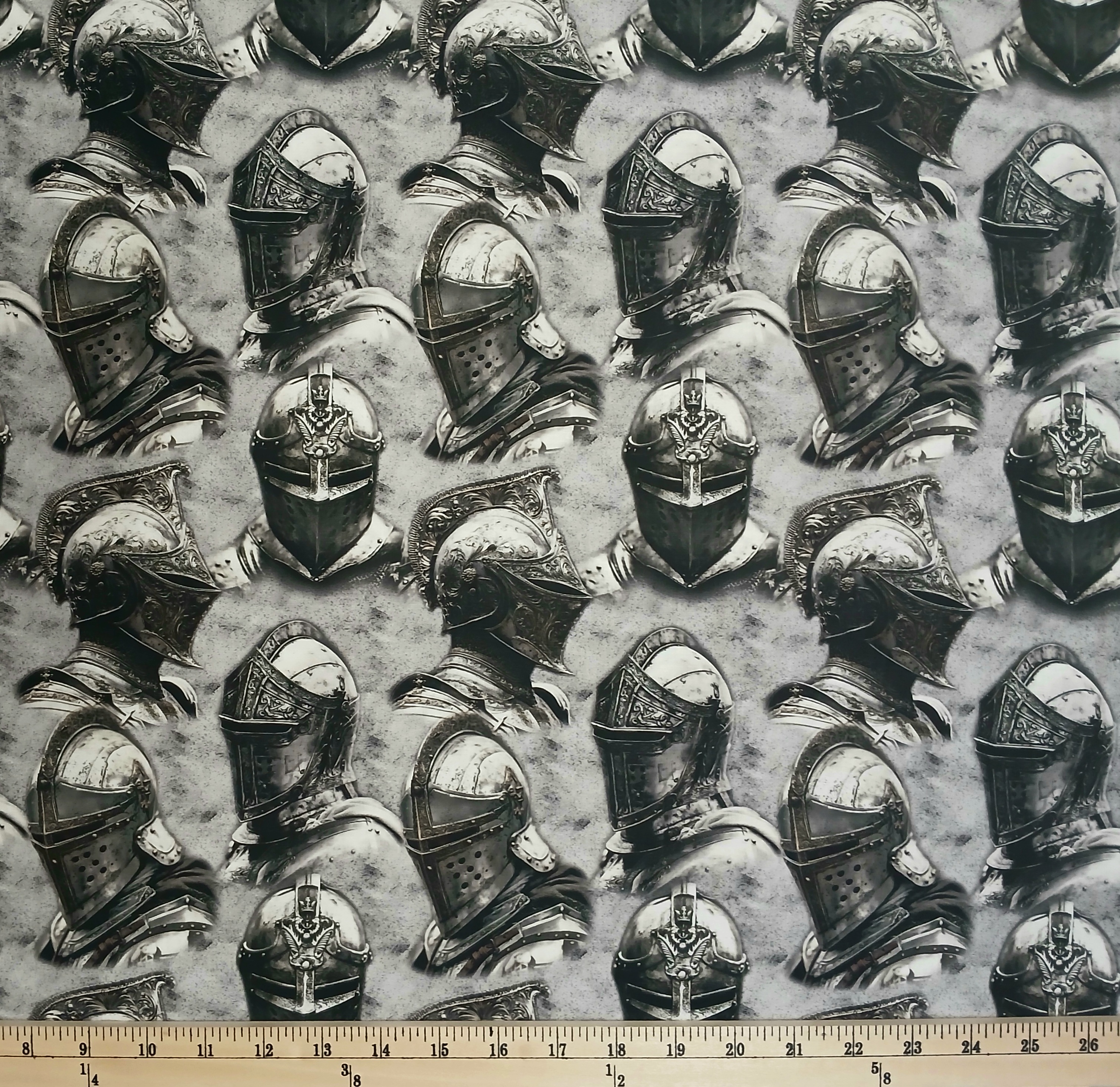 Cotton Mascot Madness Knights Helmets Armor Silver Sykel Enterprises Cotton Fabric Print by the Yard (10558-KNIGHTS)