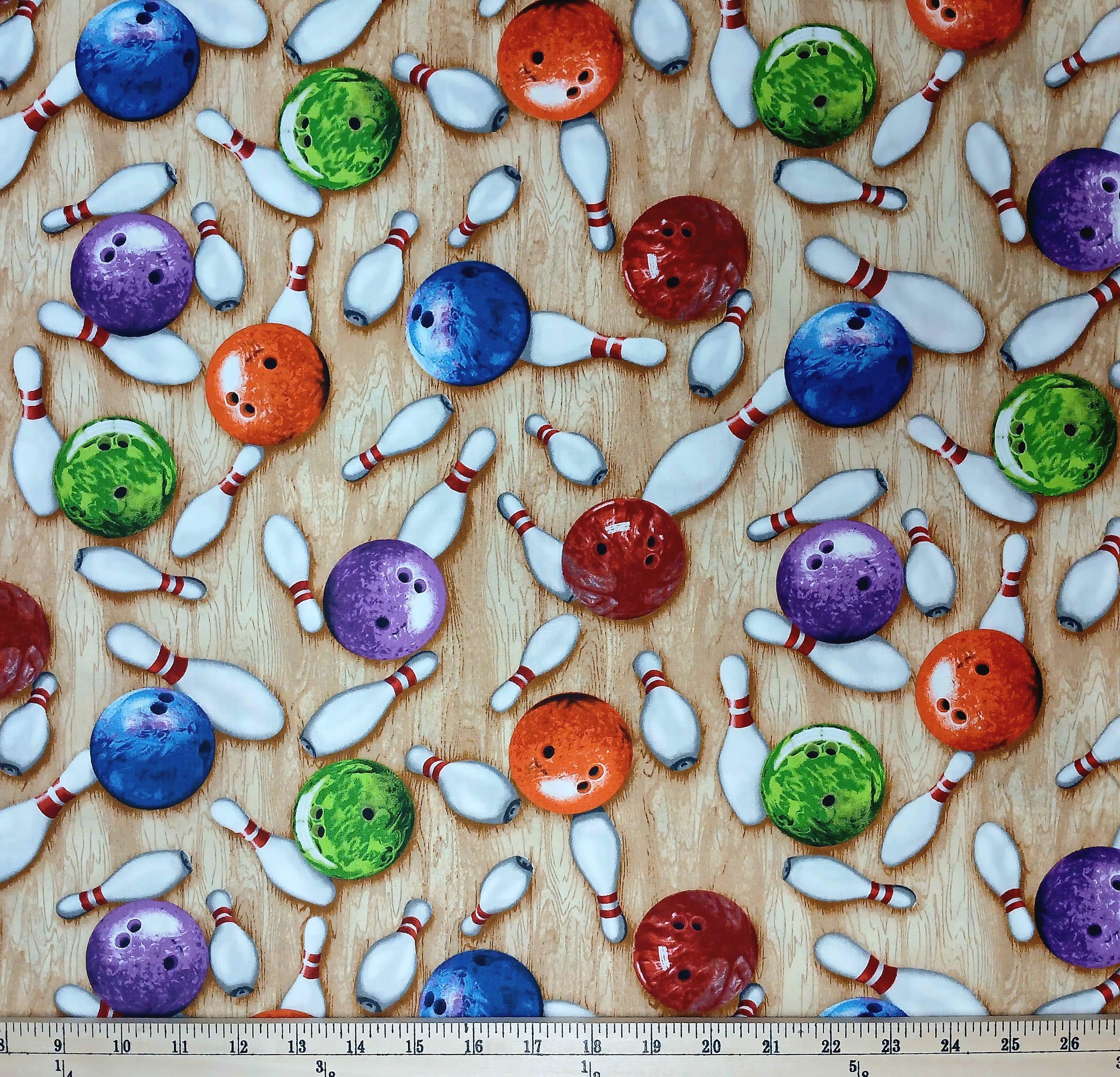 Cotton Sports Life Bowling Time Bowling Balls Pins Game Robert Kaufman Cotton Fabric Print by the Yard (15657)