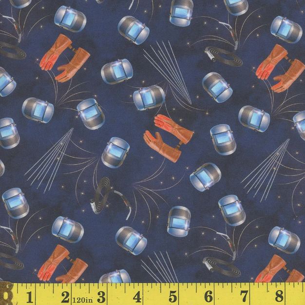 Cotton Sparks and Steel Welding Mask Blue Metal Precision Welder Job Gloves Mook Fabrics Cotton Fabric Print by the Yard (144126)
