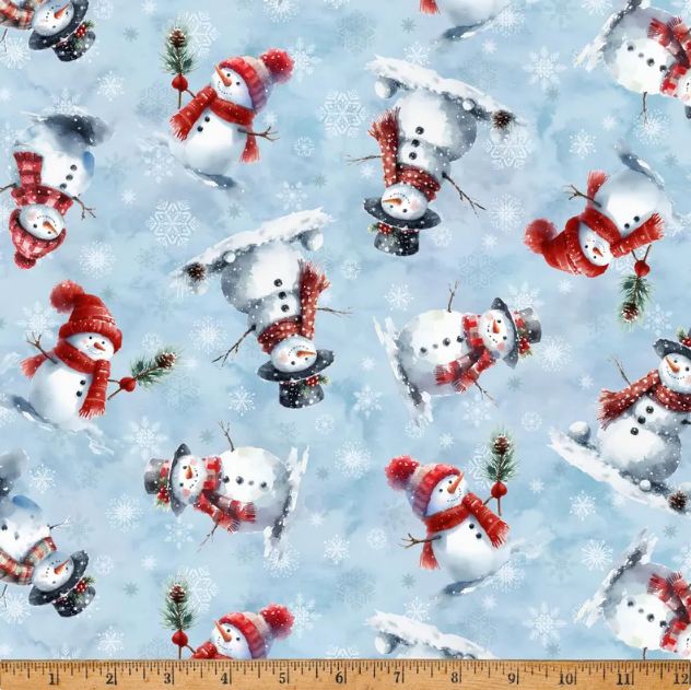 Cotton Cozy Tidings Snowmen Snow Scarves Winter Hoffman California Fabrics Cotton Fabric Print by the Yard (X5600-190-ICEBLUE)