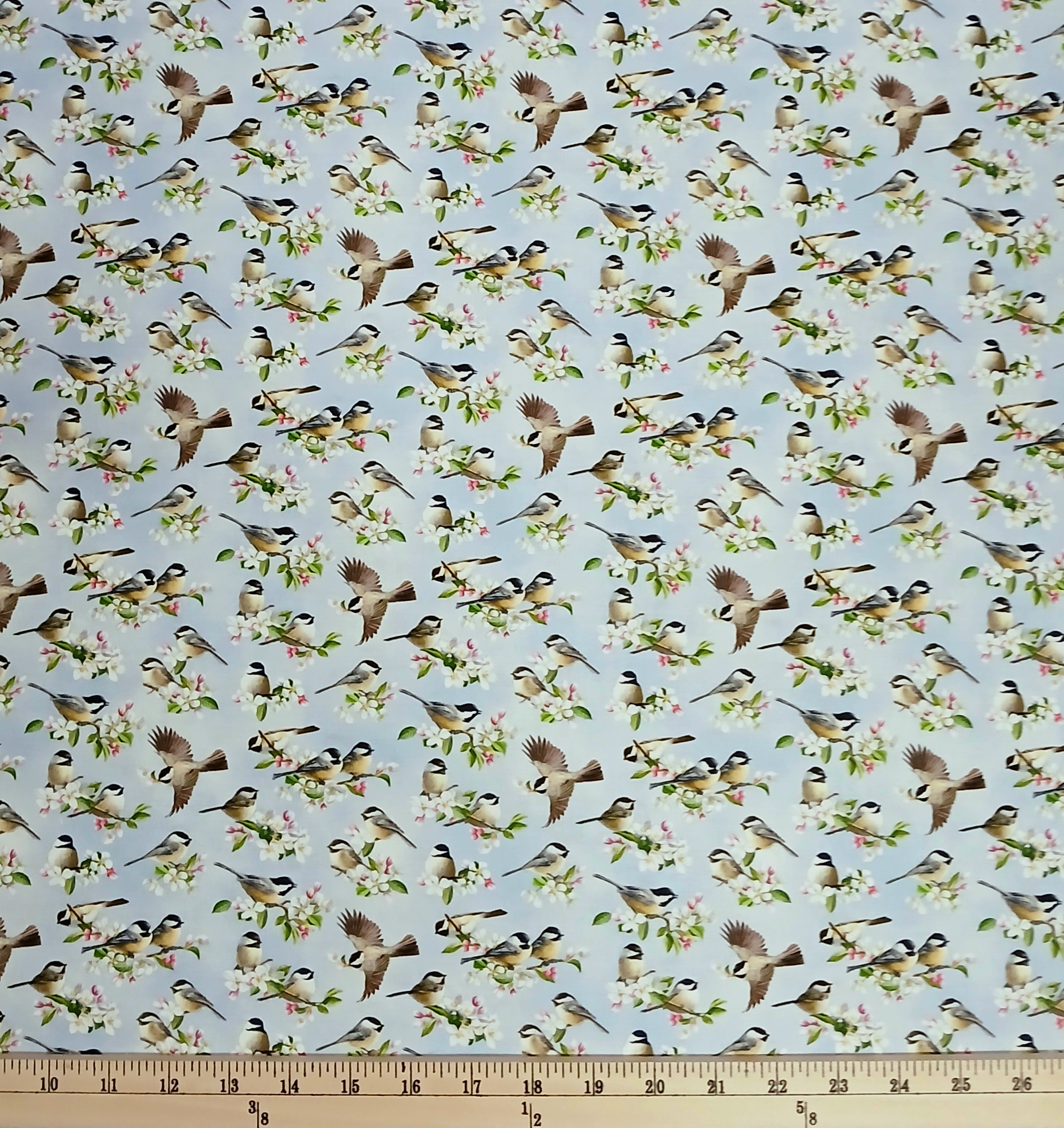 Cotton Chickadee Morning Chickadees Birds Flowers Allover Elizabeth Studios Cotton Fabric Print by the Yard (46006SKYBLUE)