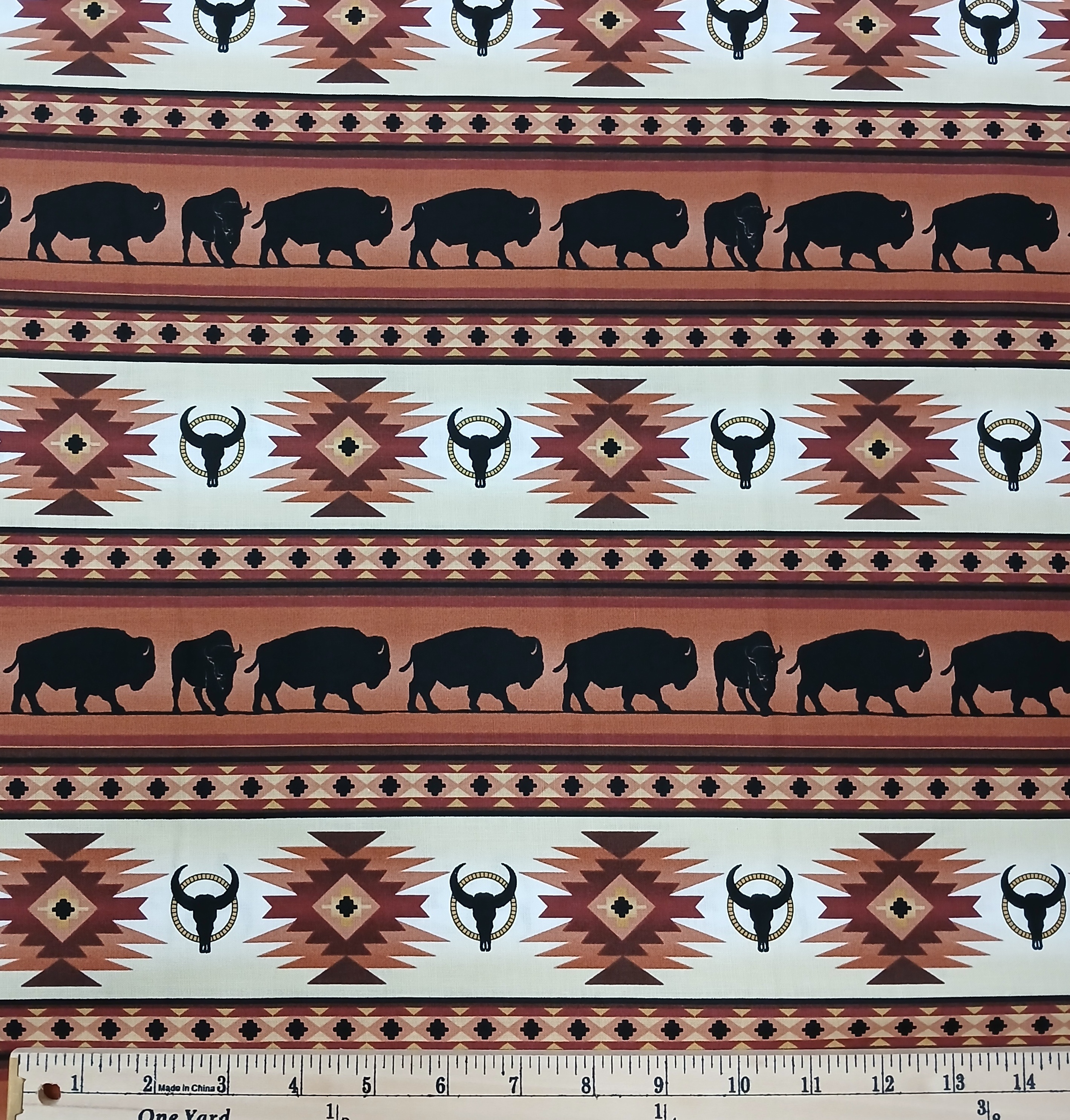 Cotton Tucson Southwestern Native American Aztec Bison Buffalo Elizabeth Studios Cotton Fabric Print by the Yard (485UMBER)