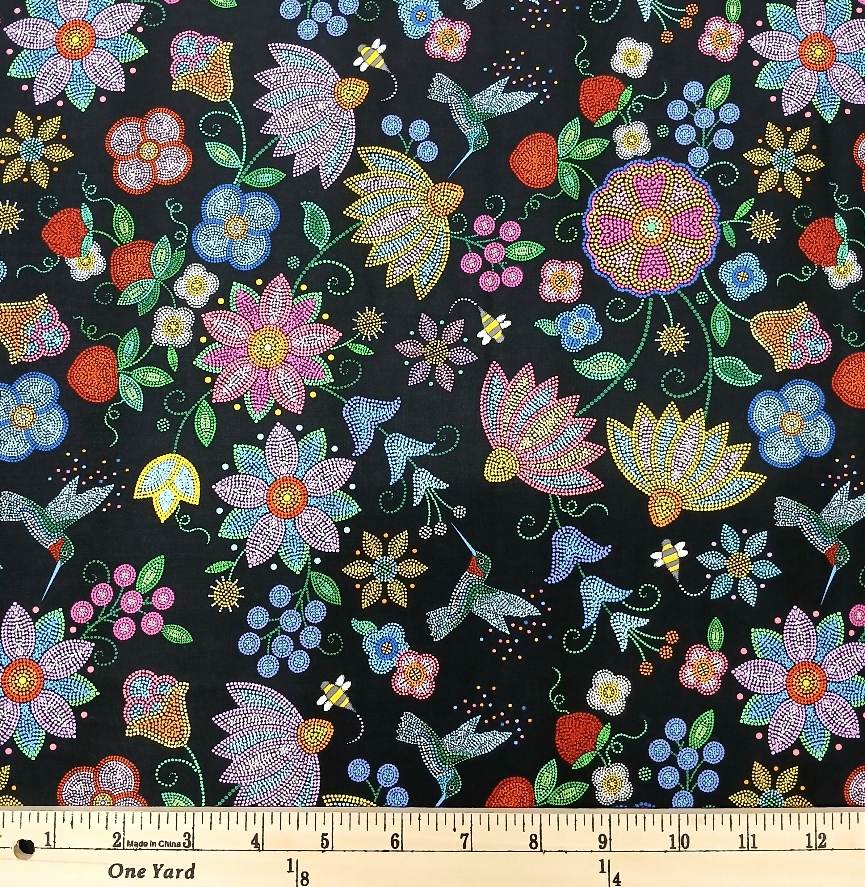 Cotton Grandma's Garden Hummingbird Flowers Strawberries Wildlife Elizabeth Studios Cotton Fabric Print by the Yard (52000BLACK)