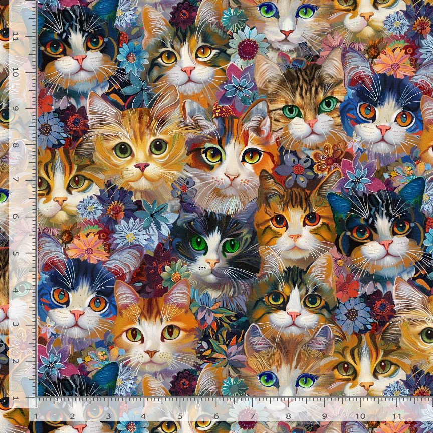 Cotton Calico Cat Packed Cat Faces Flowers Blooms Floral Timeless Treasures Cotton Fabric Print by the Yard (CAT-CD4114)