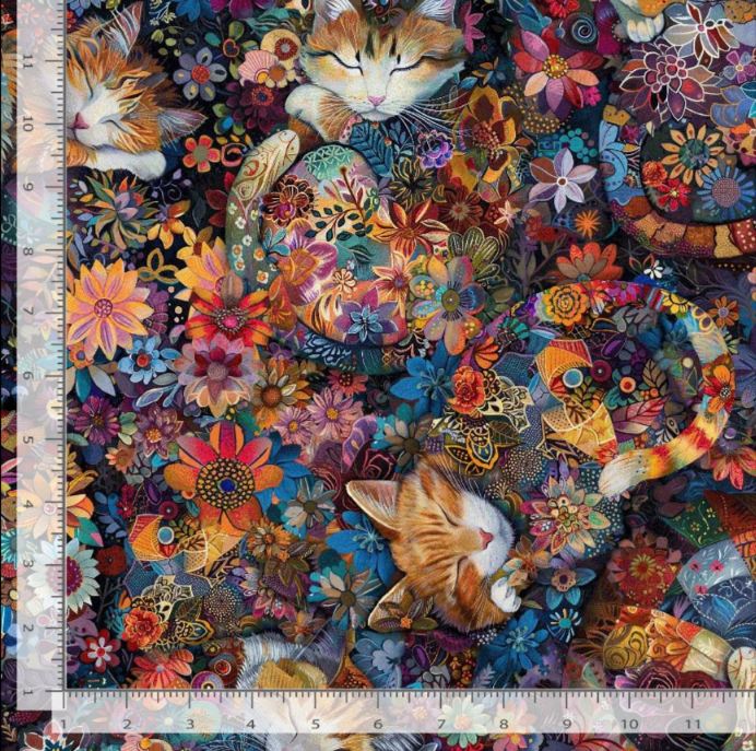 Cotton Calico Cat Sleeping Cats Vibrant Bohemian Floral Blooms Allover Timeless Treasures Cotton Fabric Print by the Yard (CAT-CD4113)