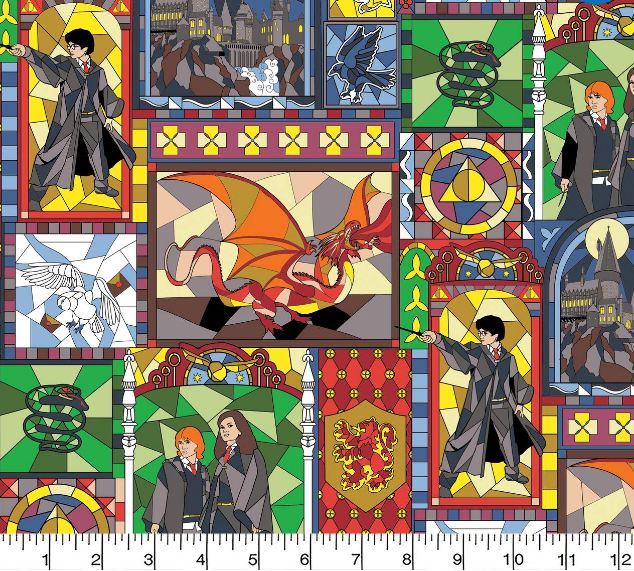 Cotton Harry Potter Stained Glass Windows Houses Hogwarts Magic Hedwig Officially Licensed by Camelot Fabrics Cotton Fabric Print by the Yard (16028540)