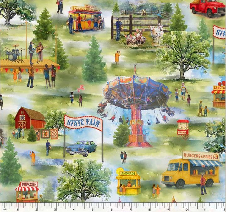 Cotton The State Fair Country Fairgrounds Food Trucks Rides Barn Animals Windham Fabrics Cotton Fabric Print by the Yard (55198-1)