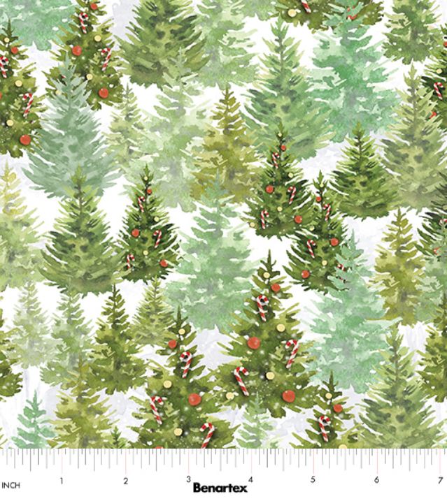 Cotton Heartland Holiday Forest Green Pine Trees Christmas Winter Benartex White Cotton Fabric Print by the Yard (15176-44)