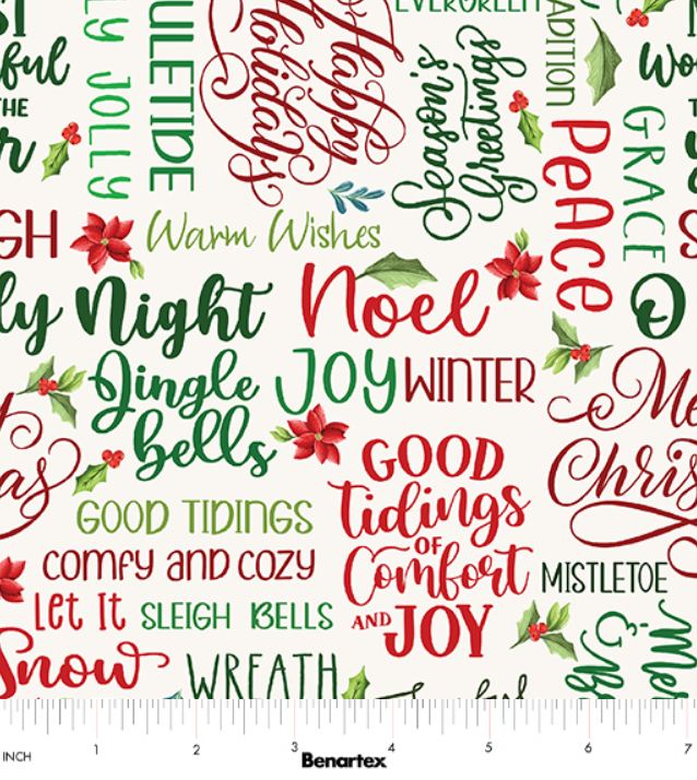 Cotton Heartland Holiday Holly & Jolly Words Text Christmas Winter Benartex Cream Cotton Fabric Print by the Yard (15173-07)