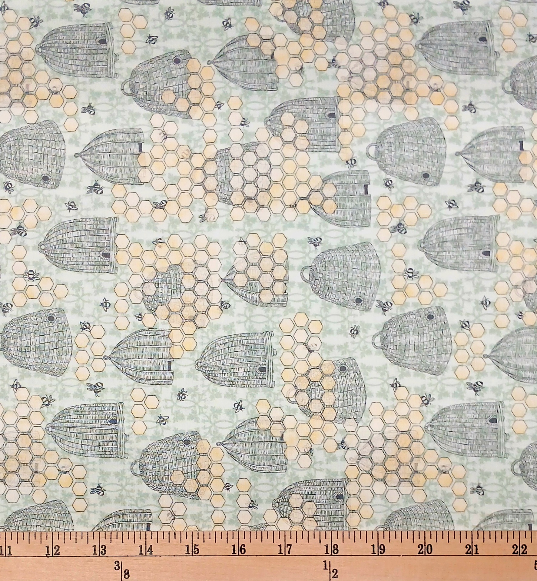 Cotton Sweet As Can Bee Honeycomb Bees Hives Skeps Springs Creative Green Cotton Fabric Print by the Yard (SPR78814-A620715)