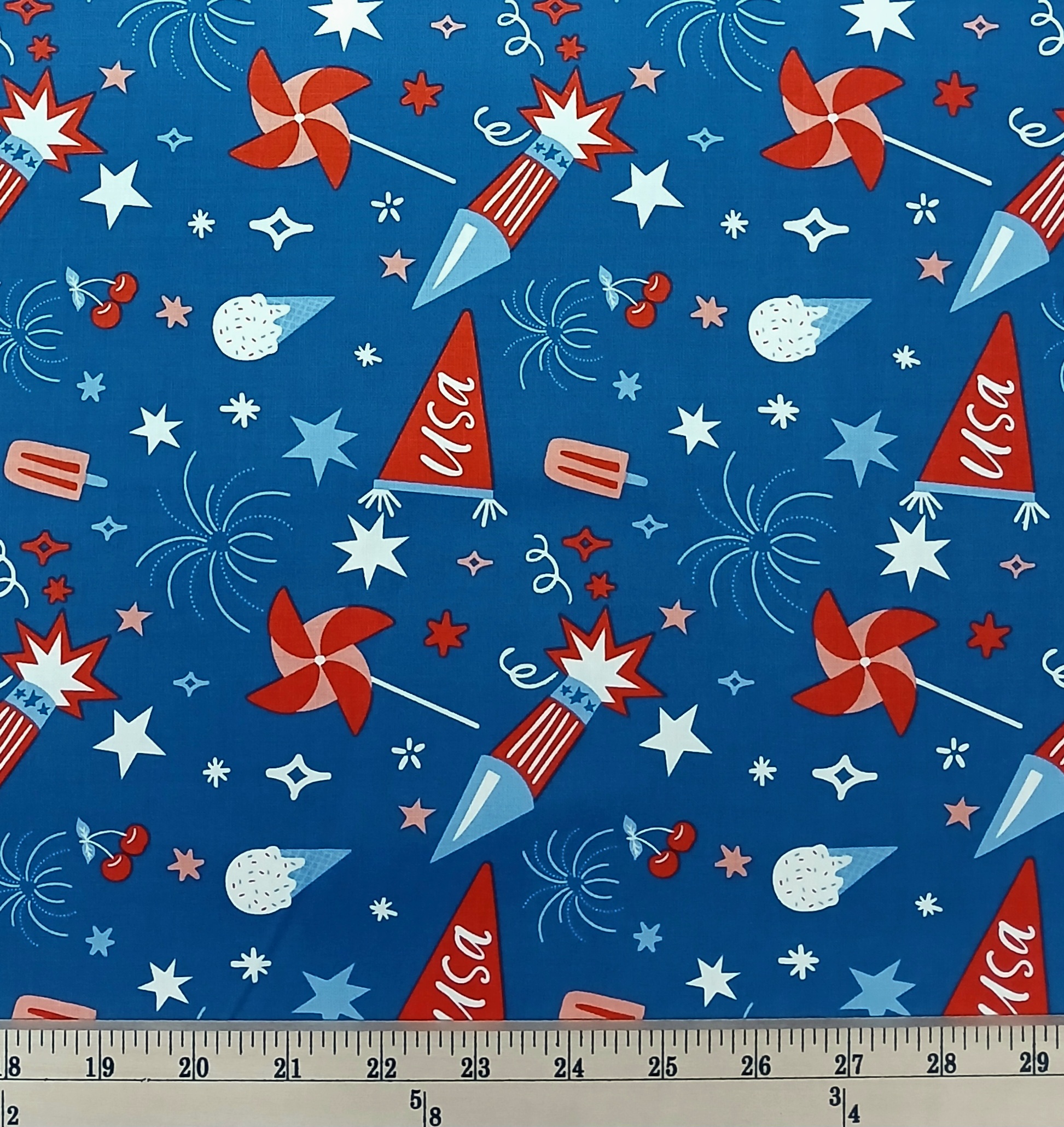 Cotton Firecracker American USA Patriotic Fireworks Stars Summer Riley Blake Blue Cotton Fabric Print by the Yard (C17200-BLUE)
