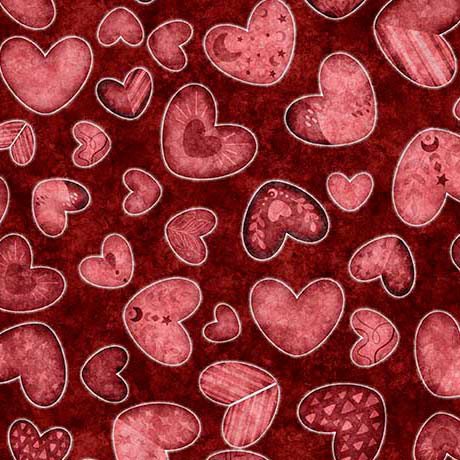 Cotton Hearts and Hugs Valentines Love Moons Pink on Red Quilting Treasures Cotton Fabric Print by the Yard (2600-31650-M)