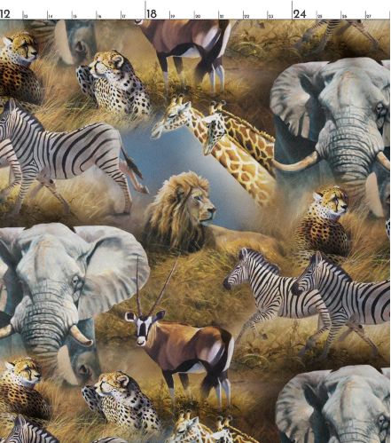 Cotton Kenyan Plains Scenic Safari Animals Zebras Lions Elephants Springs Creative Cotton Fabric Print by the Yard (47782-A620715P)
