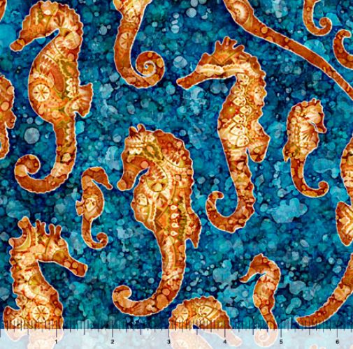 Cotton Oceana Aquatic Orange Seahorses Coral Waves Ocean Mottled Quilting Treasures Cotton Fabric Print by the Yard (2600-27090-W)