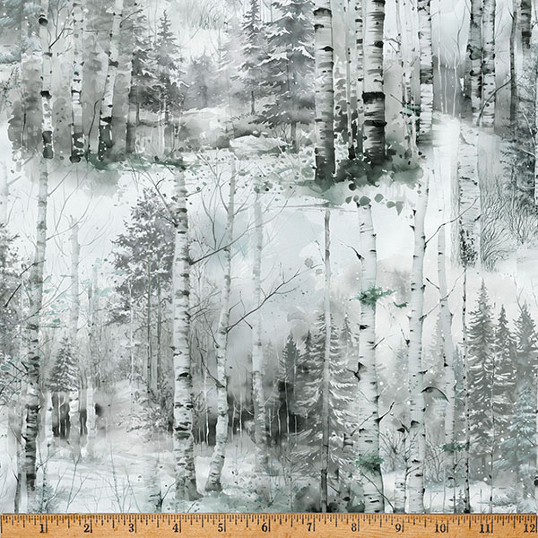 Cotton Stag and Stone Birch Trees Forests Winter Black White Hoffman California Fabrics Fog Cotton Fabric Print by the Yard (Y5797-483-FOG)