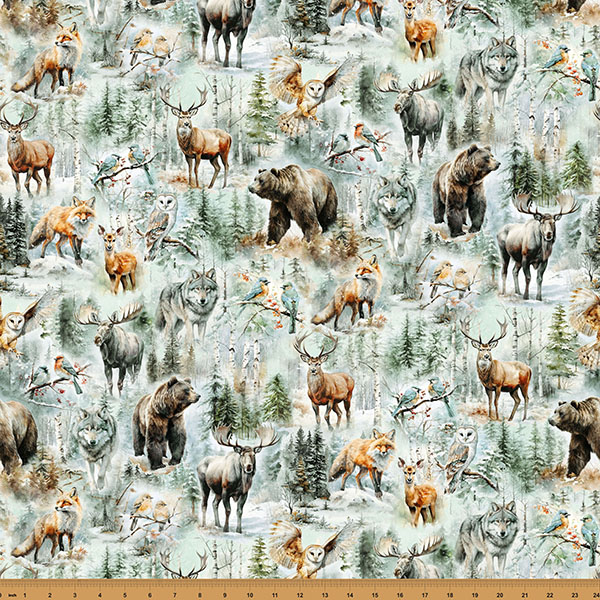 Cotton Stag and Stone Pine Trees Forests Moose Bears Foxes Owls Hoffman California Fabrics Mist Cotton Fabric Print by the Yard (Y5798-521-MIST)