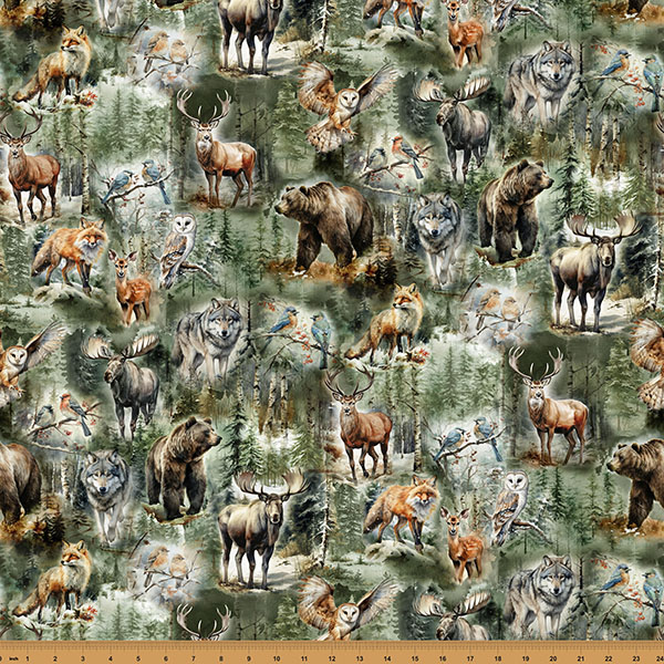 Cotton Stag and Stone Pine Trees Forests Moose Bears Foxes Owls Hoffman California Fabrics Woodland Cotton Fabric Print by the Yard (Y5798-728-WOODLAND)