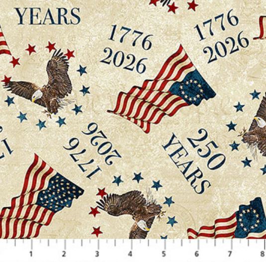 Cotton America 250 Stonehenge USA Flags Eagles Stars 1776 2026 Northcott Beige Cotton Fabric Print by the Yard (DP28370-12BeigeMulti)