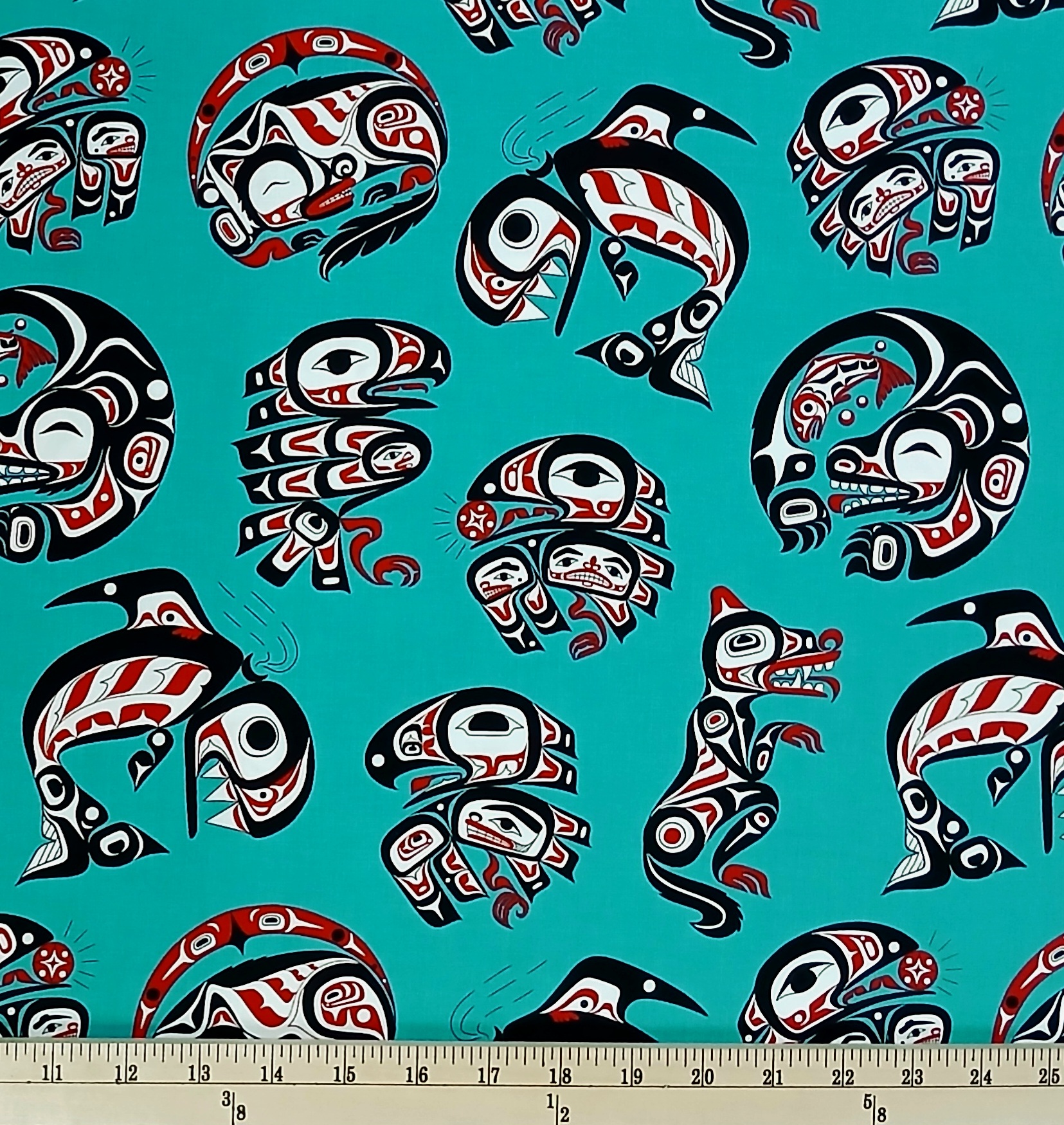 Cotton Eagle's World Native American Motifs Eagles Wolves Orcas Elizabeth Studios Teal Cotton Fabric Print by the Yard (53003TEAL)
