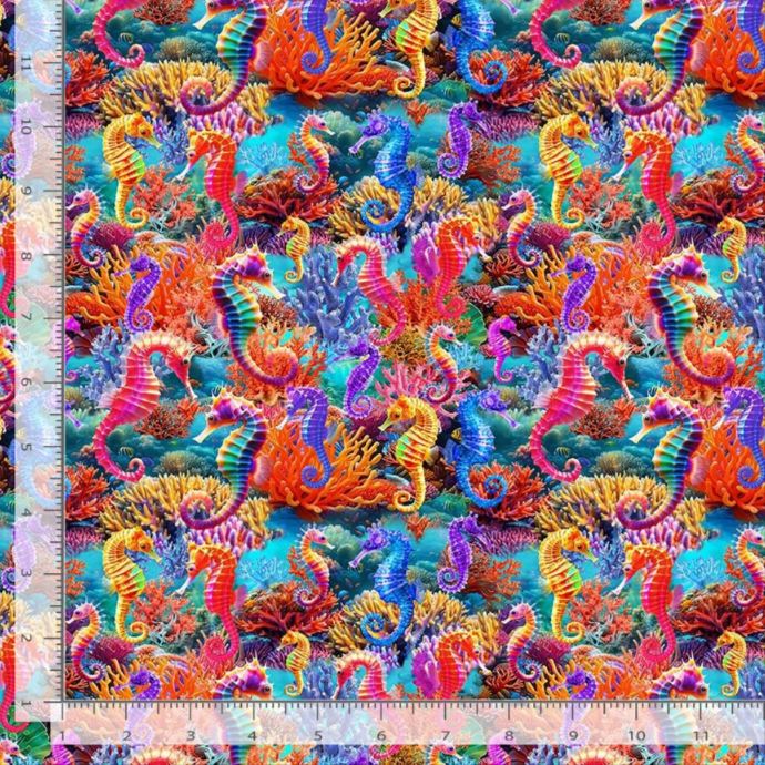 Cotton Underwater Paradise Seahorses Coral Reef Oceanlife Timeless Treasures Multicolor Cotton Fabric Print by the Yard (MICHAEL-CD4286-CORAL)