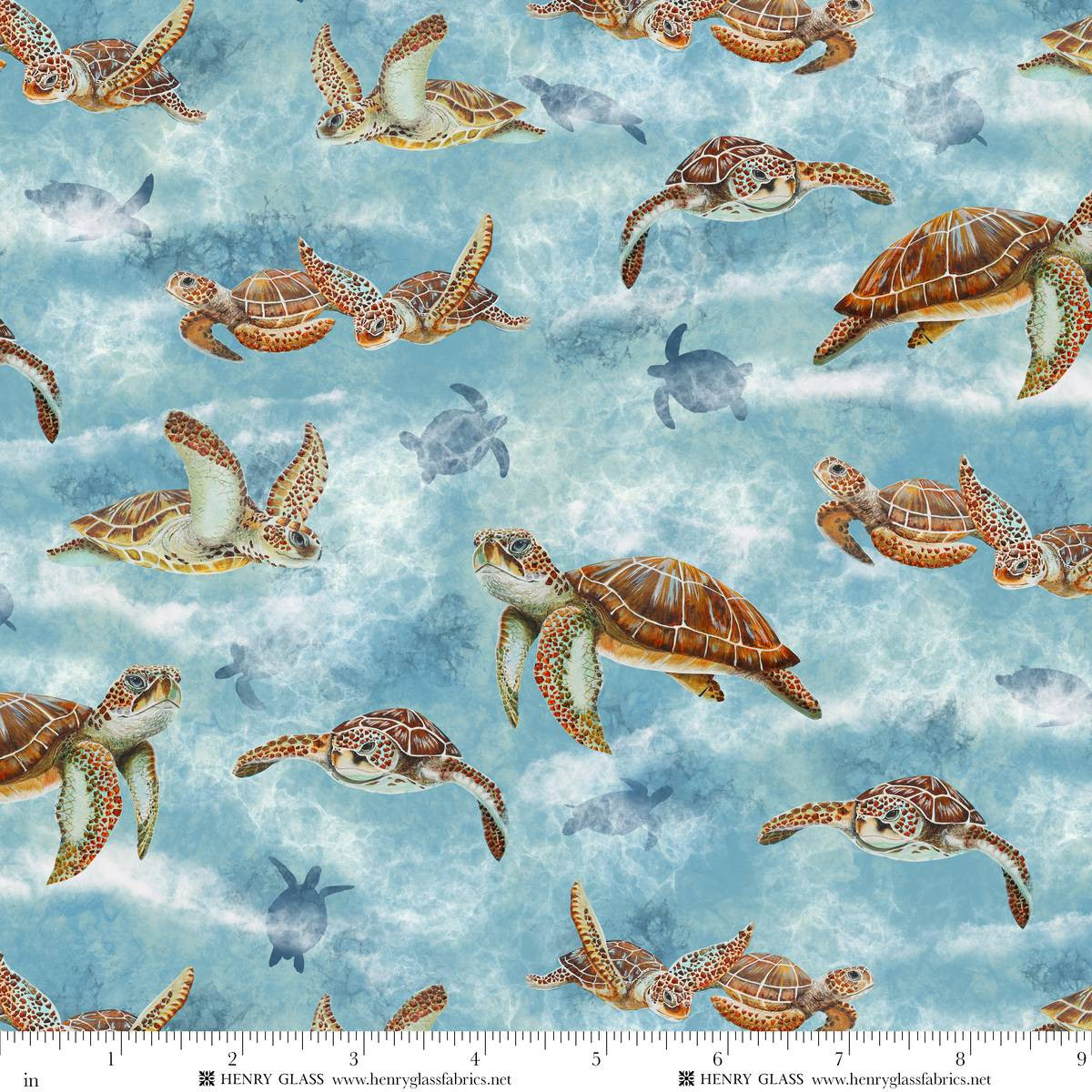 Cotton Window to Paradise Swimming Sea Turtles Oceanlife Creatures Henry Glass Bay Blue Cotton Fabric Print by the Yard (2328-11)
