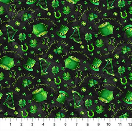 Cotton Shenanigans Pot of Gold St. Patrick's Day Clovers Horseshoes Northcott Black Cotton Fabric Print by the Yard (DP28636-99)