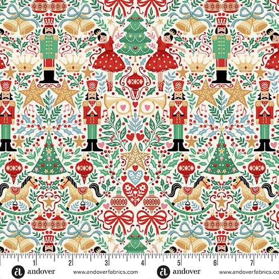 Cotton The Nutcracker Sugar Plum Ballerinas Christmas Trees Stars Makower Cream Cotton Fabric Print by the Yard (MU-299-Q)