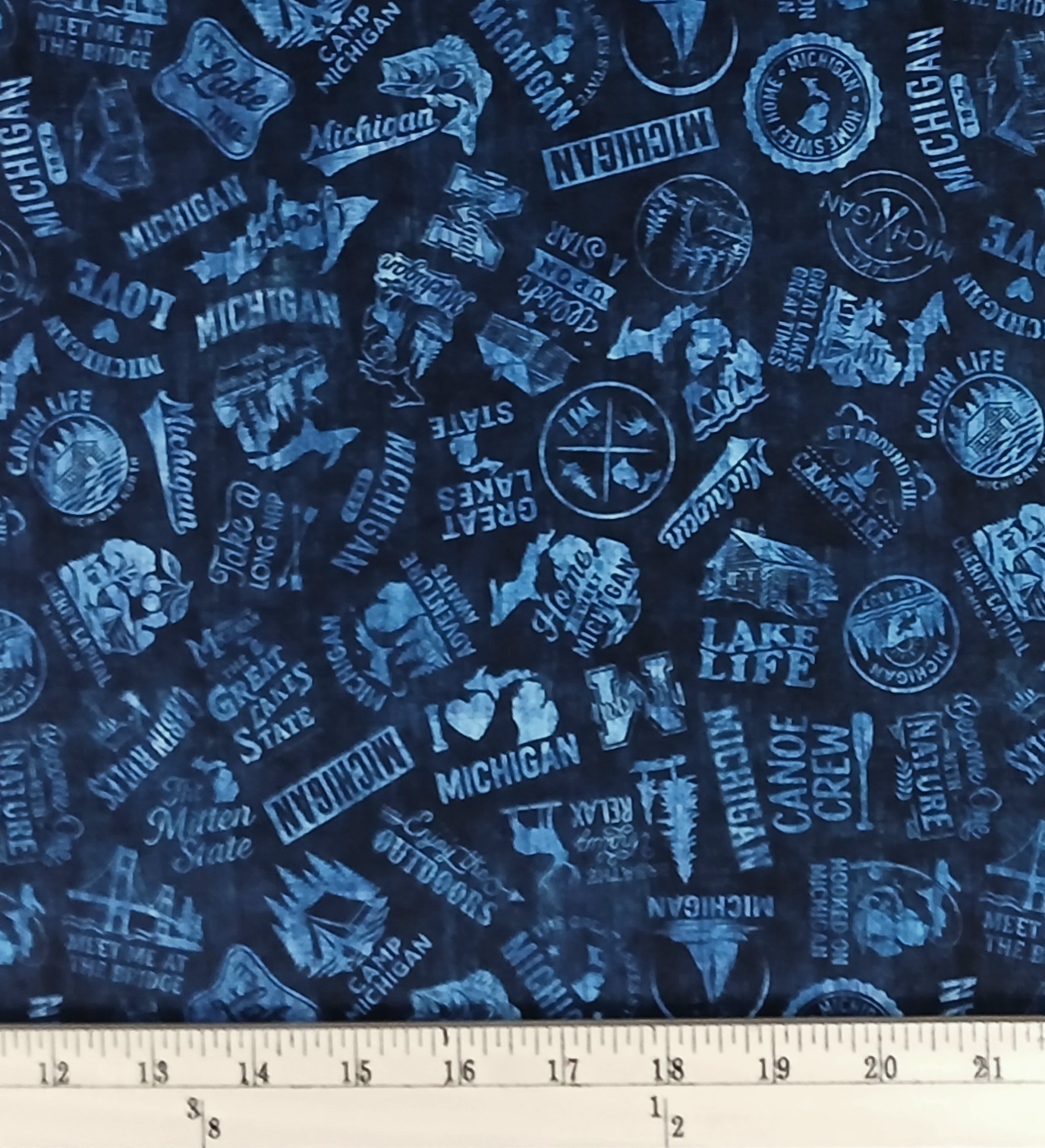 Cotton All Michigan Shop Hop 2026 Slogans Words Text Symbols State of Michigan Quilting Treasures Navy Cotton Fabric Print by the Yard (2600-32083-N)